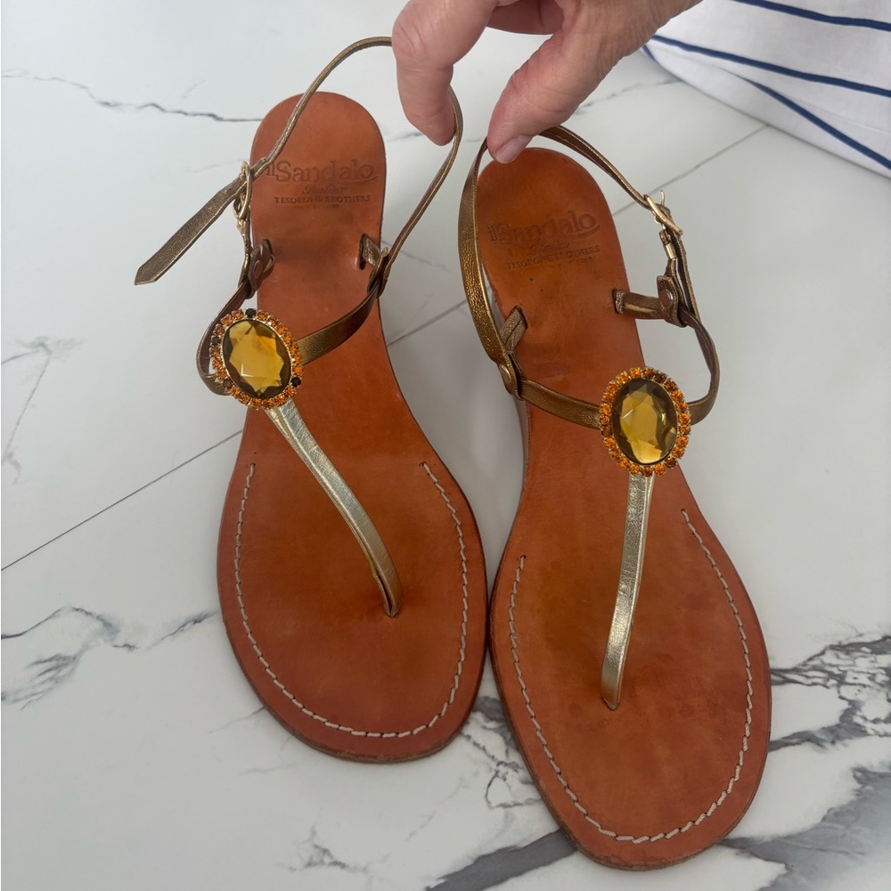 Il Sandalo Italia Tesorone Brothers Wedged Sandals | Brown and Gold Stone